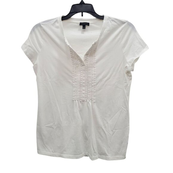 Talbots Women's White Modal Blend Swiss Dot Notched V-Neck Soft Knit Basic Top M - Picture 1 of 5